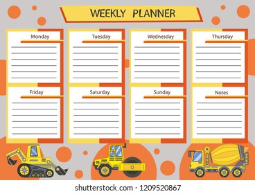Weekly planner with cute cartoon construction trucks vehicles. Notebook printable page with drawings cars. Scrapbook organizer or diary for children. Vector illustration.