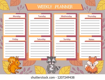 Weekly planner with cute cartoon forest animals. Notebook printable page with a fox, a raccoon, a squirrel. Scrapbook organizer or diary for children. Vector illustration.