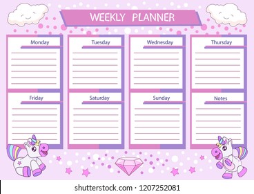 Weekly planner with cute cartoon unicorns. Notebook printable page with drawings animals. Scrapbook organizer or diary for children. Vector illustration.