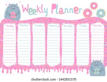 Weekly planner with cute cat and donuts  in cartoon style. Kids schedule design template
