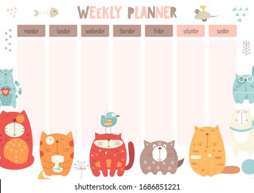 Weekly planner with cute cats in doodle cartoon style. Kids schedule design template. Vector illustration.