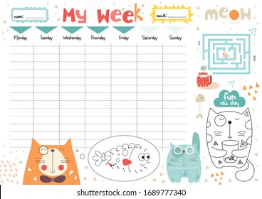 Weekly planner with cute cats in doodle cartoon style. Included mini games - maze, dot to dot, coloring page. Kids schedule design template. Vector illustration.