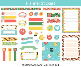 Weekly planner with cute cats and flowers. Template for planners checklists and other kids stationery. Vector illustration.