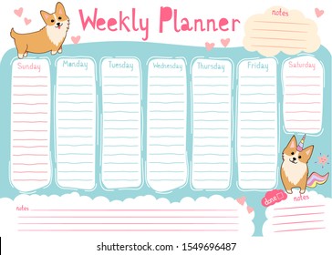 Weekly Planner With Cute Corgi Dog Cartoon Style. Kids Schedule Design Template