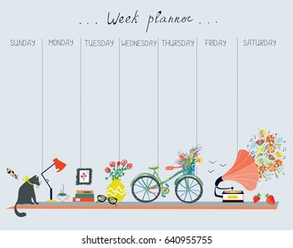 Weekly planner with cute design - home objects, cat, bicycle, flowers, music. Vector graphic illustration