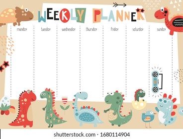 Weekly planner with cute dinosaurs in doodle cartoon style. Kids schedule design template. Vector illustration.