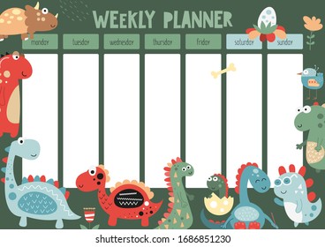 Weekly planner with cute dinosaurs in doodle cartoon style. Kids schedule design template. Vector illustration. Retro colors.