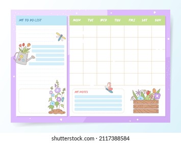 A weekly planner with cute flowers and insects. Vector graphics.
