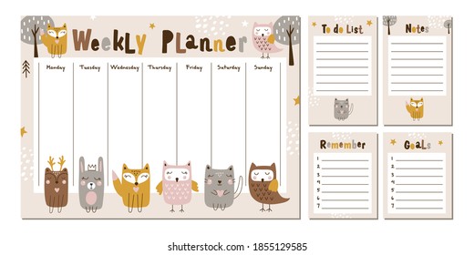 Weekly planner with cute forest animals - bears, fox, deer, rabbit and owl. Vector illustration.