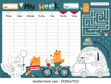 Weekly planner with cute fox in cartoon style. Kids schedule design template. Included mini games - maze, coloring page. Vector illustration.