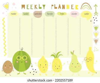 Planificador semanal con frutas frescas. Plantilla de diseño de horarios escolares para niños con estilo de dibujos animados. Ilustración del vector