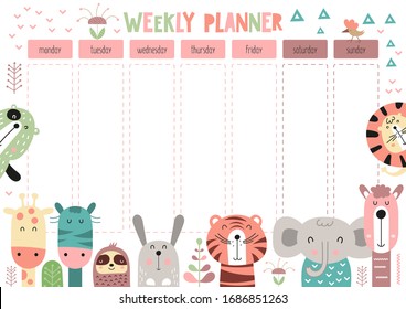 Weekly planner with cute funny forest animals in doodle cartoon style. Kids schedule design template. Vector illustration.