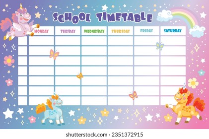 Weekly planner with cute happy unicorn, flowers and rainbow. Kids schedule of classes. Timetable design with magic horses. Printable. Vector illustration.