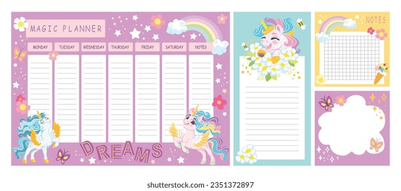 Weekly planner with cute happy unicorns. Kids schedule of classes. Notes and to do list. Memo pages with magic horses. Timetable design with animals. Printable organizer sheets. Vector illustration.