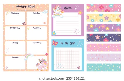 Weekly planner with cute happy unicorns. Kids schedule of classes. Notes and to do list. Memo pages and stickers with magic horses. Timetable design. Printable organizer sheets. Vector illustration.