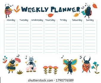 A weekly planner with cute insect musicians. Vector graphics.