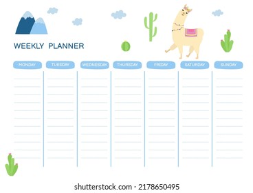 Weekly planner with cute llama and cactuses. Doodle flat style. Good for notebook, agenda, diary, organiser, schedule. Vector illustration