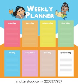 Weekly planner with cute mermaids theme. Colorful and cute stationery for kids.Vector template for agenda, planners.