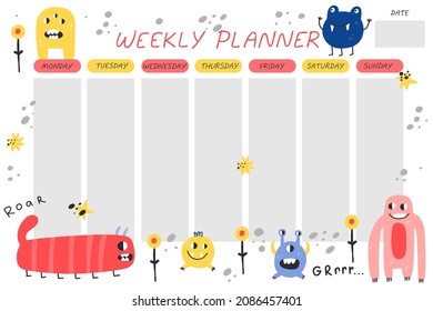Weekly planner. Cute monsters cartoon notebook sheet template, poster for kids, mutants or aliens spooky character childish stationery design, pastel colors, vector comic flat isolated concept