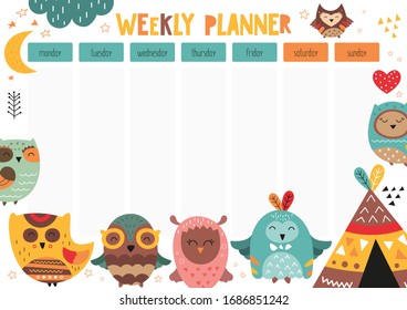 Weekly planner with cute owls in doodle cartoon style. Kids schedule design template. Vector illustration.