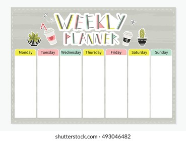 Weekly planner. Cute page for notes. Notebooks,decals, diary, school accessories. Cute romantic vector page.