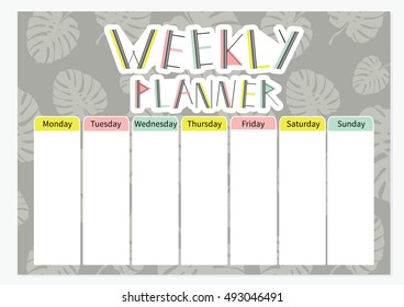 Weekly planner. Cute page for notes. Notebooks,decals, diary, school accessories. Cute romantic vector page.