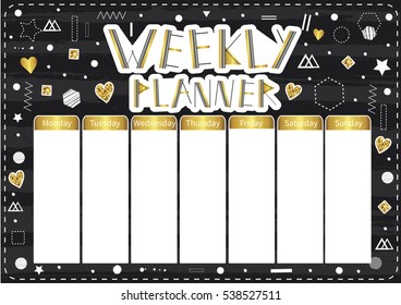 Weekly planner. Cute page for notes. Notebooks,decals, diary, school accessories. Cute romantic vector page.