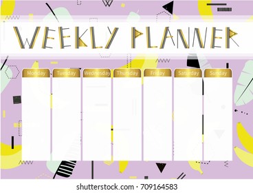 Weekly planner. Cute page for notes. Notebooks,decals, diary, school accessories. Cute romantic vector page with bananas, tropical leaves and trendy geometric elements.