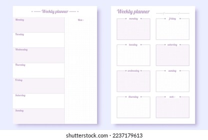 Weekly planner cute purple organizer template flat. To do task list mark completed checker checked A5 universal printable minimal organizer background goal tracking schedule office school page