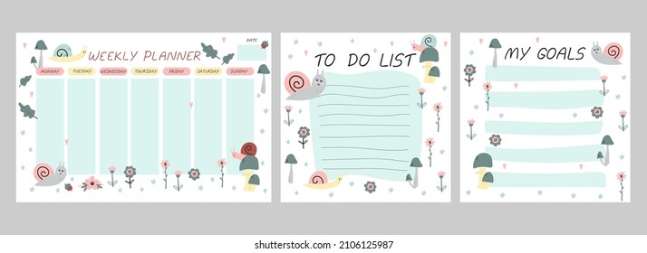 Weekly planner. Cute snail cartoon notebook sheet, to do list and goals template, poster for kids, garden character childish stationery design with botanical elements, pastel colors, vector concept