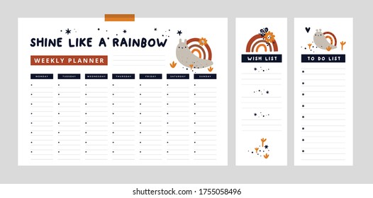 Weekly planner with cute snail and rainbow and hand drawn elements. Wish list, to do list. Set of stationery digital prints. Follow your dreams. Flat lay, organizer mock up