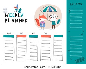 Weekly planner with cute squirrel and hare. Templates for planner. Hand drawn graphic for typography. Vector illustration in green and orange colours.