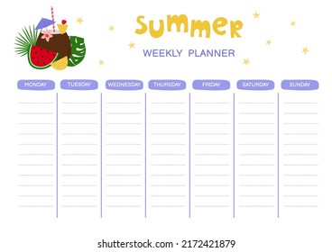 Weekly planner with cute summer cocktail. Doodle flat style. Good for notebook, agenda, diary, organiser, schedule. Vector illustration