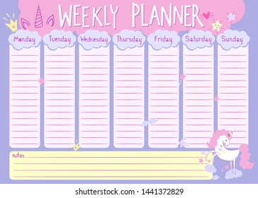 Weekly planner with cute unicorn characters in cartoon style. Kids schedule design template