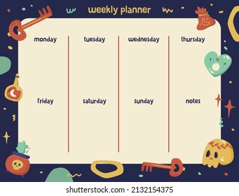 Weekly Planner with Cute Witchy and Magical Stuff Illustrion