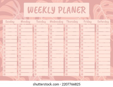 Weekly planner. Daily template for notes, to-do list, schedule. Organizer, planner, for your time. Abstract tropical vector background in pastel colors.
