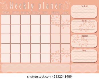 Weekly  planner, Day planner, Date. Monthly planner. Blank template. Vector illustration. Minimal style. Clean style. Daily to do. Cute style