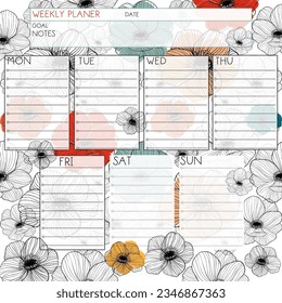 Weekly  planner, Day planner, Date. Monthly planner with flower poppy and anemones . Blank template. Vector illustration. Minimal style. Clean style. Daily to do. Cute style