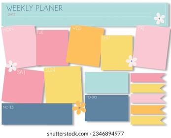 Weekly  planner, Day planner, Date. Monthly planner with flower poppy and anemones . Blank template. Vector illustration. Minimal style. Clean style. Daily to do. Cute style