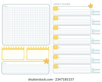 Weekly  planner, Day planner, Date. Monthly planner with indigo blue and yellow . Blank template. Vector illustration. Minimal style. Clean style. Daily to do. Cute style
