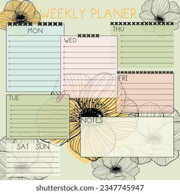 Weekly  planner, Day planner, Date. Monthly planner with flower poppy and anemones . Blank template. Vector illustration. Minimal style. Clean style. Daily to do. Cute style