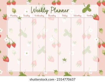 Weekly planner decorated with strawberry. Cute bright scheduler and organizer with Summer plants. Modern stationery. Vector illustration.