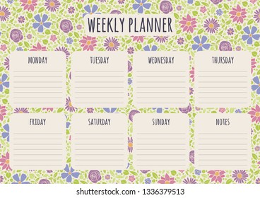Weekly planner design with background with hand drawn flowers. Vector