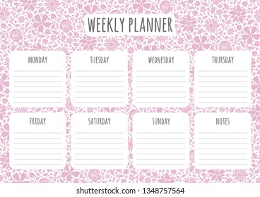 Weekly planner design with background with hand drawn flowers. Vector