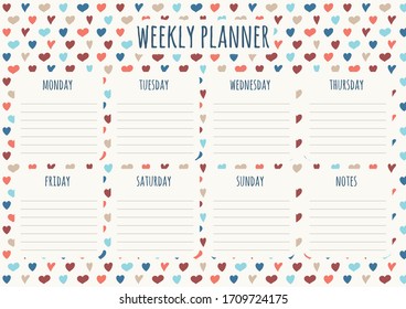 Weekly planner design with background with hand drawn hearts. Vector