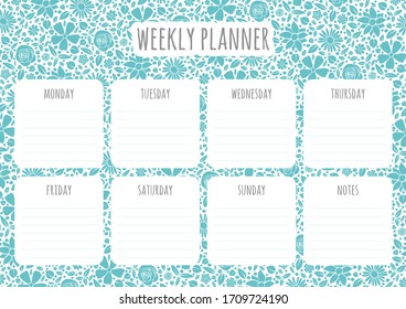 Weekly planner design with background with hand drawn flowers. Vector