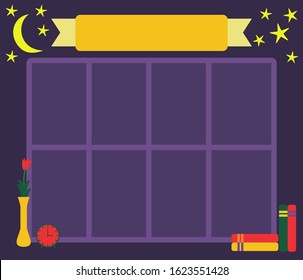 Weekly planner design background vector. Moon, stars, vase, flower, book, clock illustration for night scene. Printable design for schedule paper template.