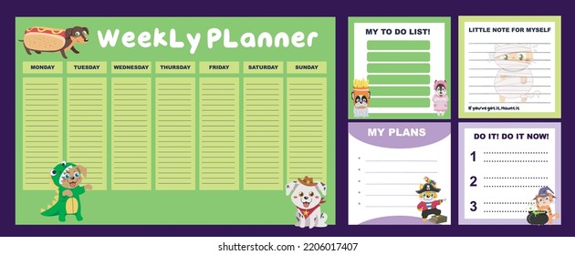 Weekly planner design with cute animal using Halloween costume. Vector template for agenda, planners.