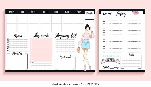 Weekly planner design with fashion elements and young women. Vector illustration