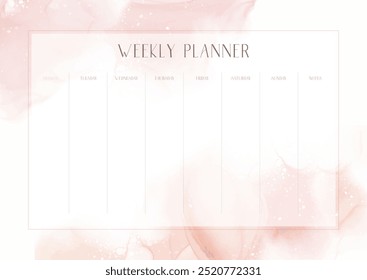 Weekly planner design with hand painted pink watercolour background